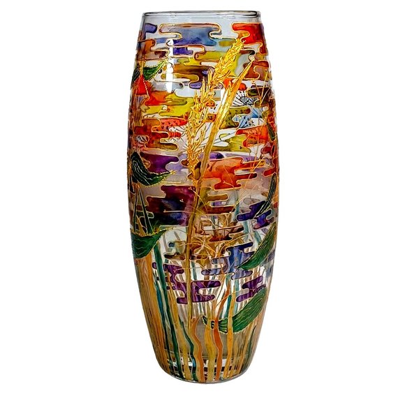 Russian Stained Art Glass Vase Oksana Vasilyeva Rainbow Fantasy Garden 10.5" Tal